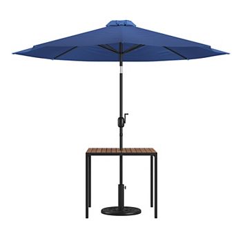 Flash Furniture Black Steel Framed 35" Square Faux Teak Patio Table-Tan 9FT Patio Umbrella-Base
