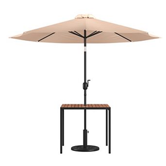 Flash Furniture Black Steel Framed 35" Square Faux Teak Patio Table-Tan 9FT Patio Umbrella-Base