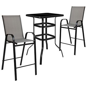 Flash Furniture 3 pc Outdoor Bar Height Set-Glass Patio Bar Table-All-Weather Barstools