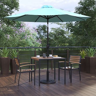 Flash Furniture 35" Square Faux Teak Patio Table, 2 Chairs and 9FT Patio Umbrella with Base