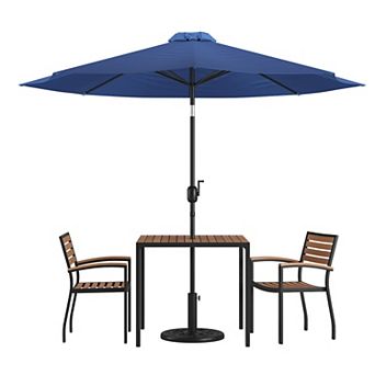 Flash Furniture 35" Square Faux Teak Patio Table, 2 Chairs and 9FT Patio Umbrella with Base