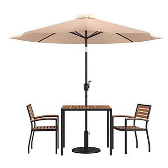 Flash Furniture 35" Square Faux Teak Patio Table, 2 Chairs and 9FT Patio Umbrella with Base