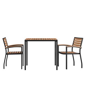 Flash Furniture Black Steel Framed 36" Square Faux Teak Table with Umbrella Hole & 2 Club Chairs