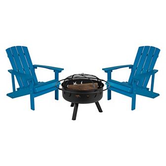 Flash Furniture Star and Moon Fire Pit with Mesh Cover & 2 Poly Resin Adirondack Chairs