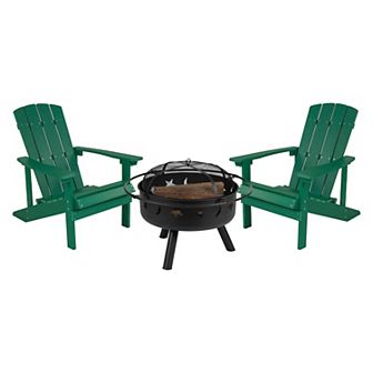 Flash Furniture Star and Moon Fire Pit with Mesh Cover & 2 Poly Resin Adirondack Chairs