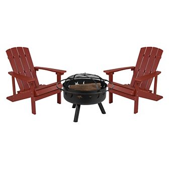 Flash Furniture Star and Moon Fire Pit with Mesh Cover & 2 Poly Resin Adirondack Chairs