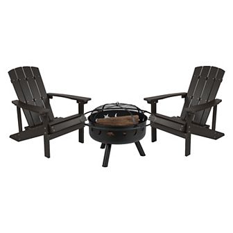 Flash Furniture Star and Moon Fire Pit with Mesh Cover & 2 Poly Resin Adirondack Chairs