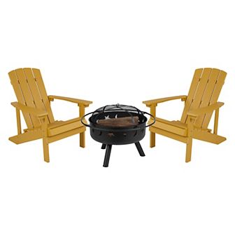 Flash Furniture Star and Moon Fire Pit with Mesh Cover & 2 Poly Resin Adirondack Chairs