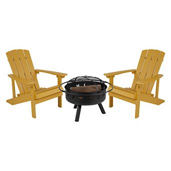 Flash Furniture Star and Moon Fire Pit with Mesh Cover & 2 Poly Resin Adirondack Chairs