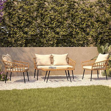 Flash Furniture All-Weather 4 Piece Rope Rattan Patio Seating Set with Cushions