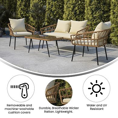 Flash Furniture All-Weather 4 Piece Rope Rattan Patio Seating Set with Cushions