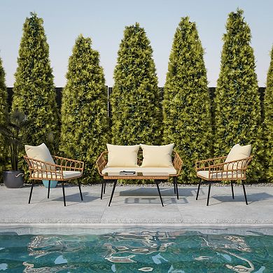 Flash Furniture All-Weather 4 Piece Rope Rattan Patio Seating Set with Cushions