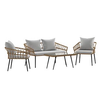 Flash Furniture All-Weather 4 pc Rope Rattan Patio Seating Set with Cushions
