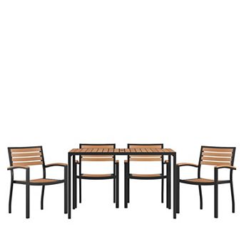 Flash Furniture Black Steel Framed 30" x 48"Faux Teak Table with Umbrella Hole & 4 Club Chairs