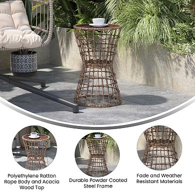 Flash Furniture Indoor/Outdoor Boho Rattan Rope Table with Acacia Wood Top