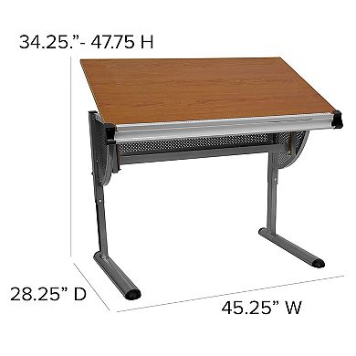 Flash Furniture Adjustable Drawing and Drafting Table with Pewter Frame and Lower Supply Tray