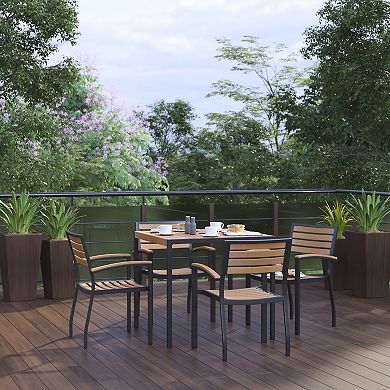 Flash Furniture Black Steel Framed 36" Square Faux Teak Table with Umbrella Hole & 4 Club Chairs