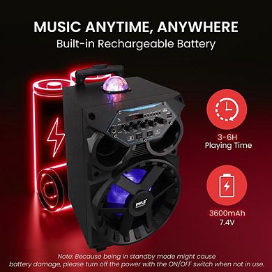 Pyle Portable Bluetooth PA Speaker - 580W 8” Rechargeable Outdoor BT Karaoke Audio System