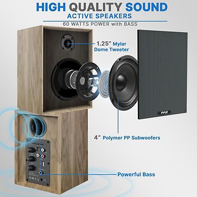 Pyle Powered Bookshelf Speaker Monitors HiFi Studio Monitor Computer Desk Stereo Speaker System