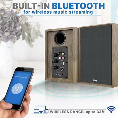 Pyle Powered Bookshelf Speaker Monitors HiFi Studio Monitor Computer Desk Stereo Speaker System