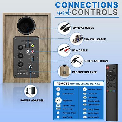 Pyle Powered Bookshelf Speaker Monitors HiFi Studio Monitor Computer Desk Stereo Speaker System