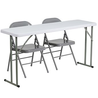 Flash Furniture 18" x 60" Plastic Folding Training Table Set with 2 Gray Metal Folding Chairs
