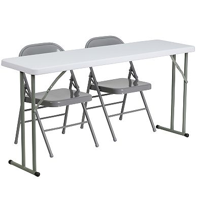 Flash Furniture 18" x 60" Plastic Folding Training Table Set with 2 Gray Metal Folding Chairs