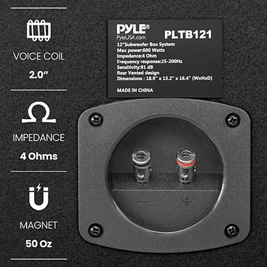 Pyle 12'' Subwoofer Box System - 500W Max - Rear Vented Design & Carpeted Enclosure - PLTB121