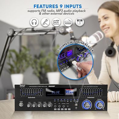 Pyle Wireless BT Home Theater Amplifier, 1600W, BT/FM/Optical/Coaxial/HDMI, Dual 10-Band EQ