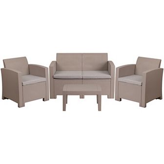Flash Furniture 4 pc Outdoor Faux Rattan Chair, Loveseat and Table Set