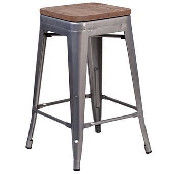 Flash Furniture 24" High Backless Clear Coated Metal Counter Height Stool with Square Wood Seat