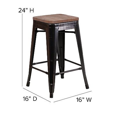 Flash Furniture 24" High Backless Metal Counter Height Stool with Square Wood Seat