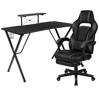 Flash Furniture Gaming Bundle-Cup/Headphone Desk & Reclining Footrest Chair