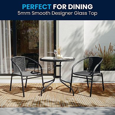 Flash Furniture 28'' Round Glass Metal Table with Rattan Edging and 2 Rattan Stack Chairs