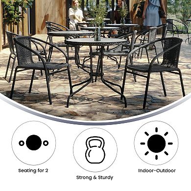 Flash Furniture 28'' Round Glass Metal Table with Rattan Edging and 2 Rattan Stack Chairs