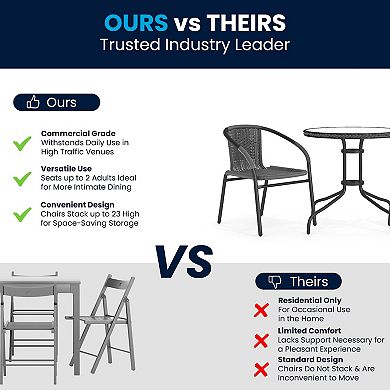 Flash Furniture 28'' Round Glass Metal Table with Rattan Edging and 2 Rattan Stack Chairs