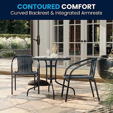 Flash Furniture 28'' Round Glass Metal Table with Rattan Edging and 2 Rattan Stack Chairs