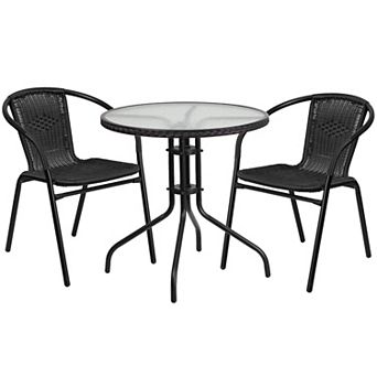 Flash Furniture 28'' Round Glass Metal Table with Rattan Edging and 2 Rattan Stack Chairs