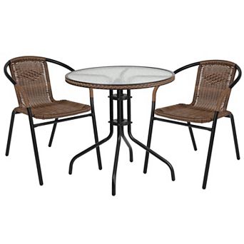 Flash Furniture 28'' Round Glass Metal Table with Rattan Edging and 2 Rattan Stack Chairs