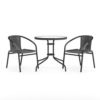 Flash Furniture 28'' Round Glass Metal Table with Rattan Edging and 2 Rattan Stack Chairs