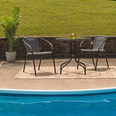 Flash Furniture 28'' Round Tempered Glass Metal Table with Rattan Edging