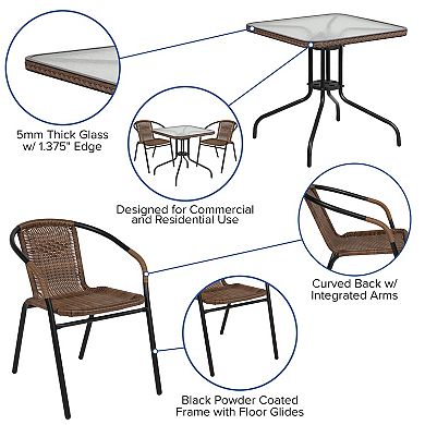 Flash Furniture 28'' Square Glass Metal Table with Rattan Edging and 2 Rattan Stack Chairs