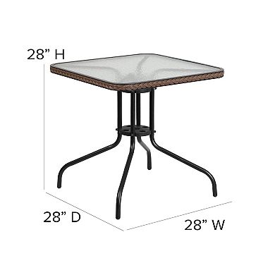 Flash Furniture 28'' Square Glass Metal Table with Rattan Edging and 2 Rattan Stack Chairs