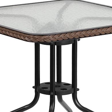 Flash Furniture 28'' Square Glass Metal Table with Rattan Edging and 2 Rattan Stack Chairs