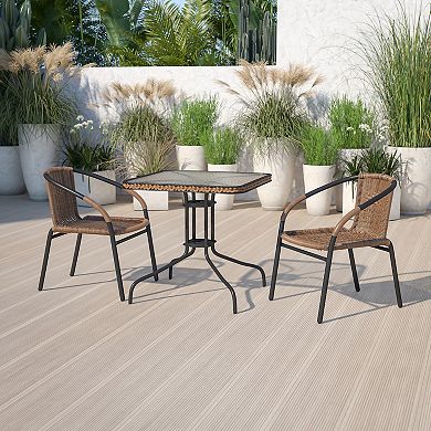 Flash Furniture 28'' Square Glass Metal Table with Rattan Edging and 2 Rattan Stack Chairs