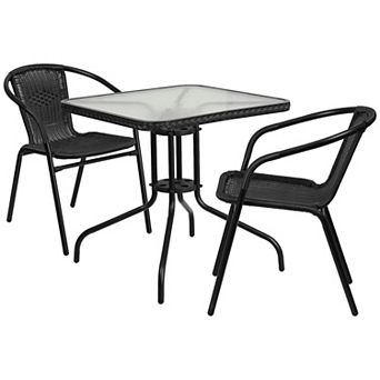 Flash Furniture 28'' Square Glass Metal Table with Rattan Edging and 2 Rattan Stack Chairs