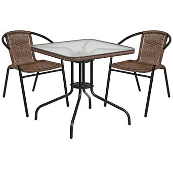 Flash Furniture 28'' Square Glass Metal Table with Rattan Edging and 2 Rattan Stack Chairs