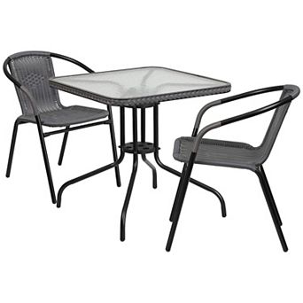Flash Furniture 28'' Square Glass Metal Table with Rattan Edging and 2 Rattan Stack Chairs