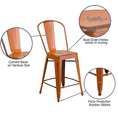 Flash Furniture 24" High Distressed Metal Indoor-Outdoor Counter Height Stool with Back