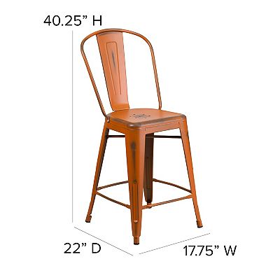 Flash Furniture 24" High Distressed Metal Indoor-Outdoor Counter Height Stool with Back